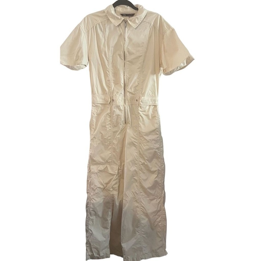 Zara Women's Beige Cargo‎ Jumpsuit Wide Leg Relaxed Fit Size S NWOT
